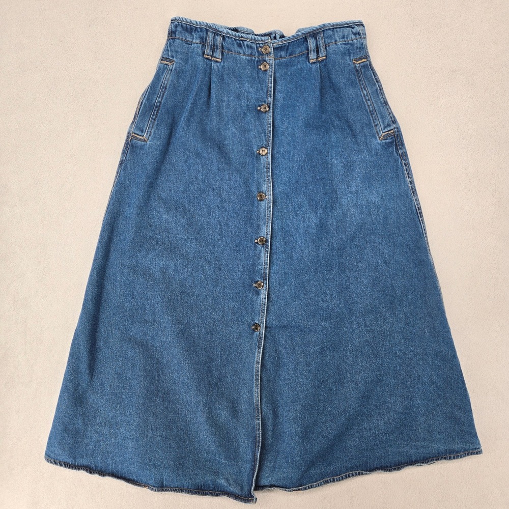 Bugle Boy Women Size 14 Denim Midi Skirt Vintage 90s Button Front A-Line Blue